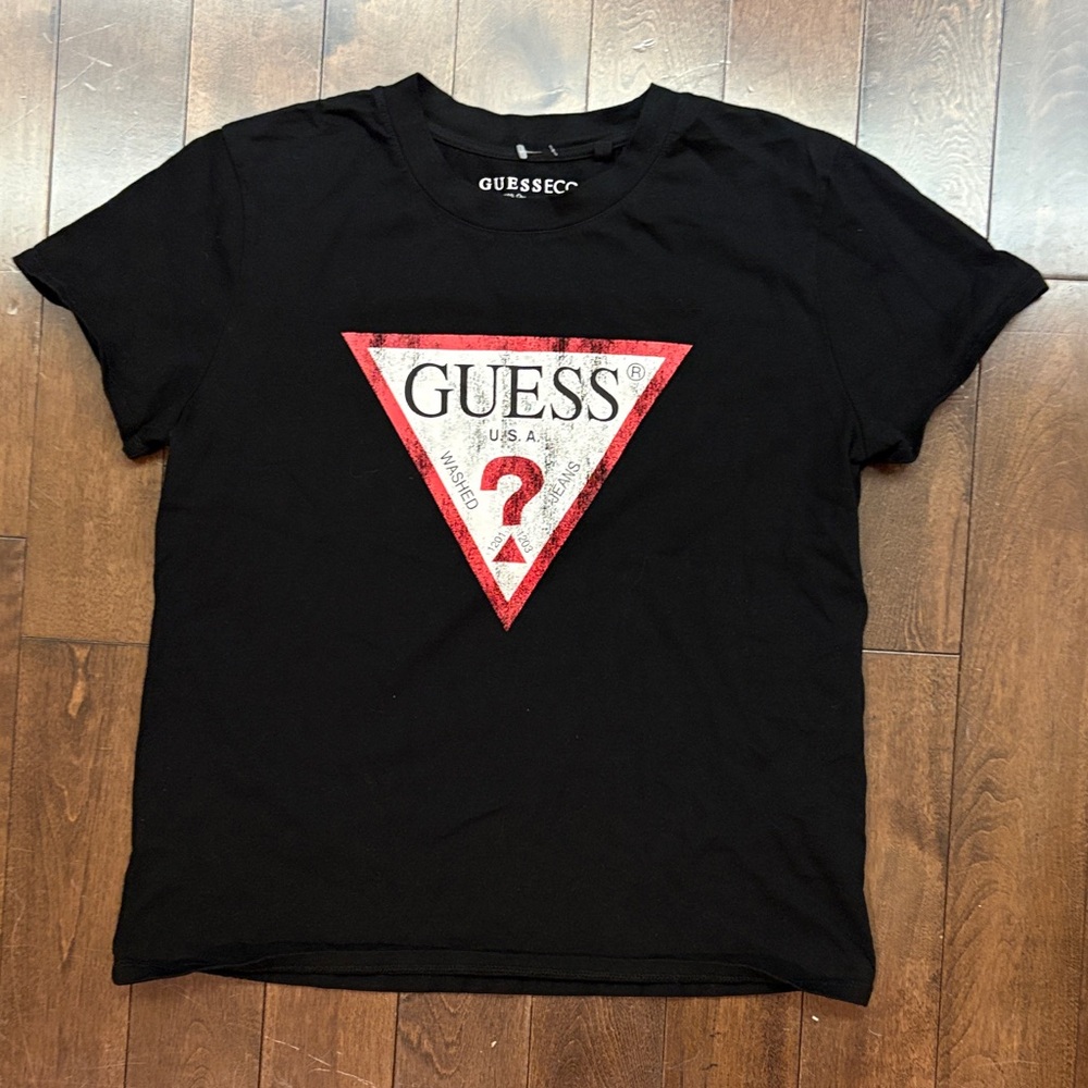 Vintage GUESS Black T-Shirt with Red Logo Organic Cotton sz L